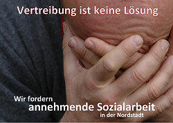 Bild: Postkarte mit Text: Vertreibung ist keine Lösung! Wir fordern annehmende Sozialarbeit in der Nordstadt