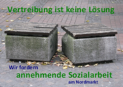 Bild: Postkarte mit Text: Vertreibung ist keine Lösung! Wir fordern annehmende Sozialarbeit am Nordmarkt